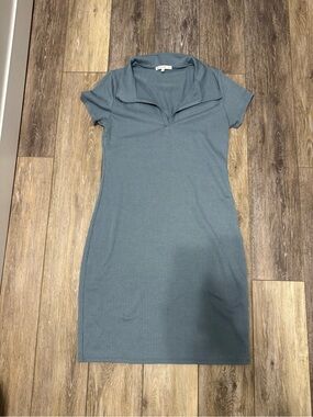 Ribbed Polo Collar Bodycon Dress - Blue